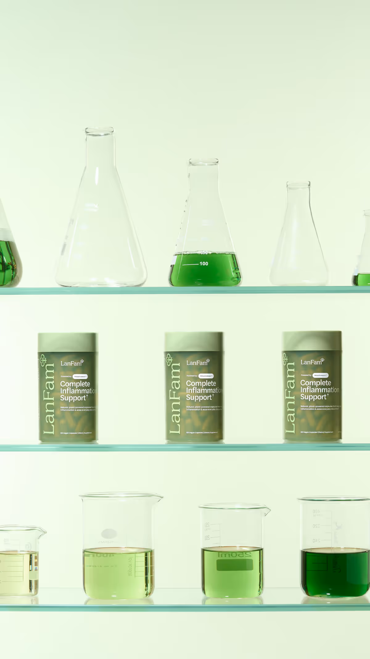 Three ProleevaMax jars on a glass shelf between flasks and beakers of green liquid