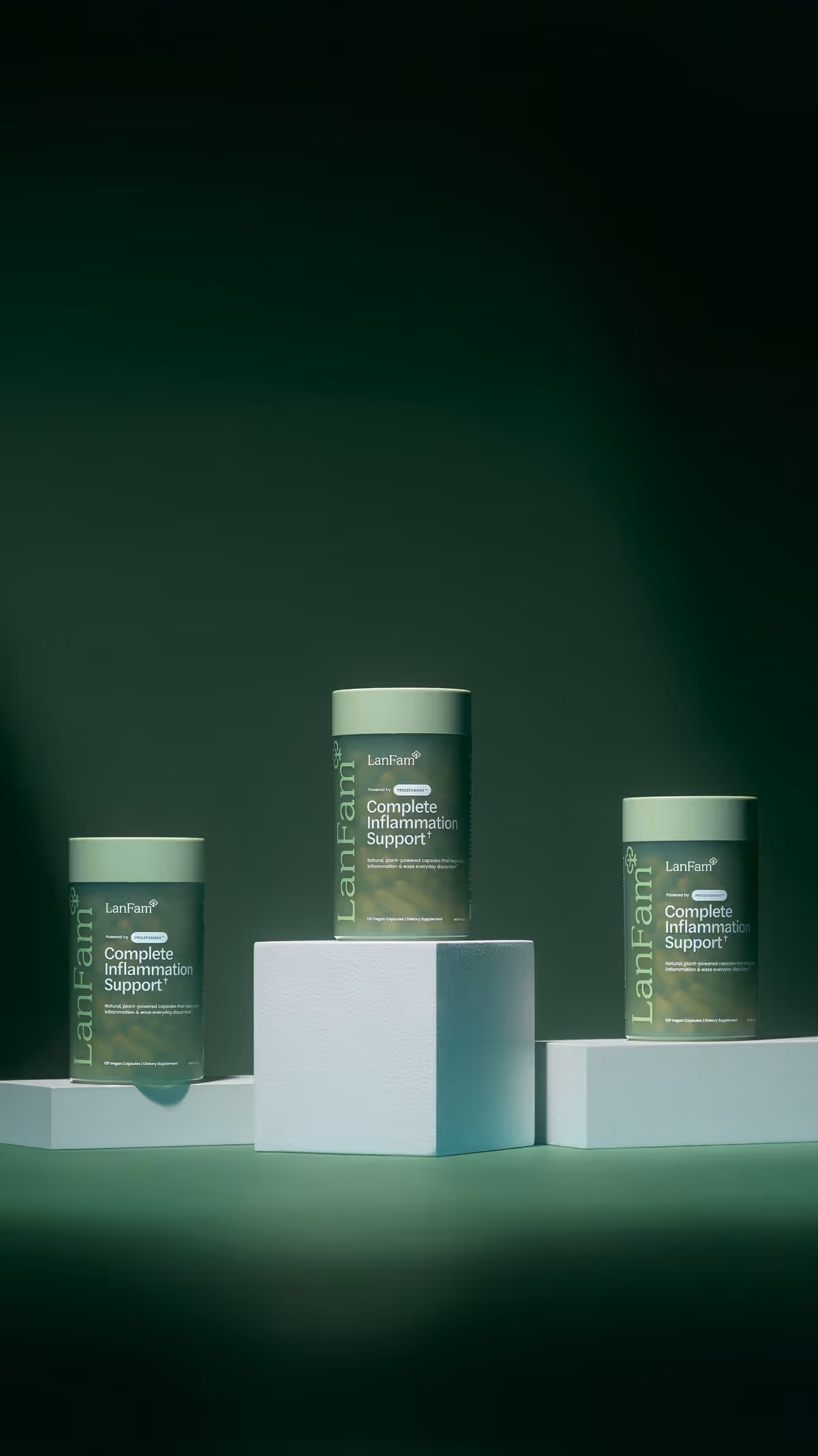 Three ProleevaMax jars on white podiums of different heights against deep green