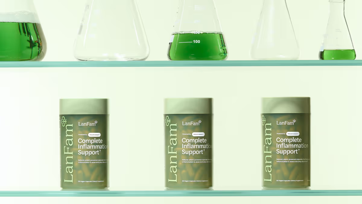 Three ProleevaMax jars on a glass shelf beneath flasks of green liquid