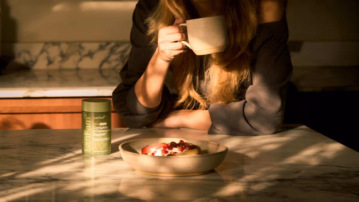 Woman Drinking Coffee Breakfast Sunlit